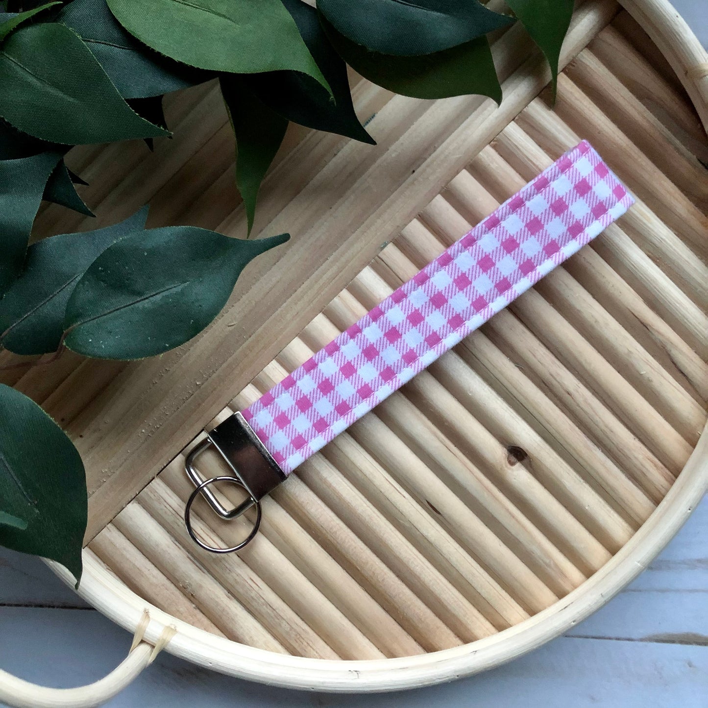 Dark Pink Gingham Print Fabric Wristlet Keychain, Key Fob