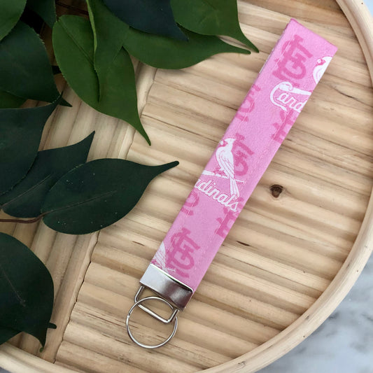 St. Louis Cardinals Pink Print Fabric Wristlet Keychain, Key Fob