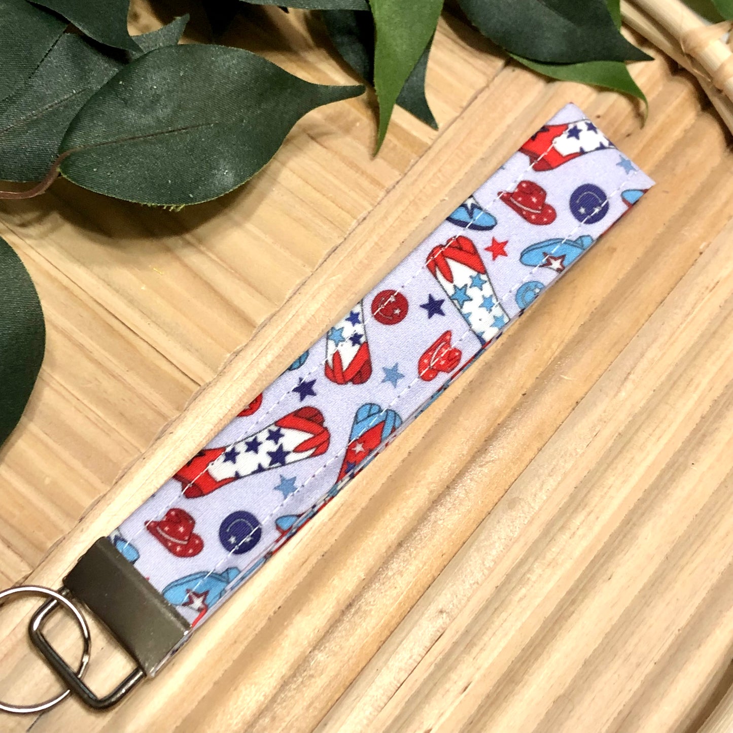 Patriotic Western Print Fabric Wristlet Keychain, Key Fob
