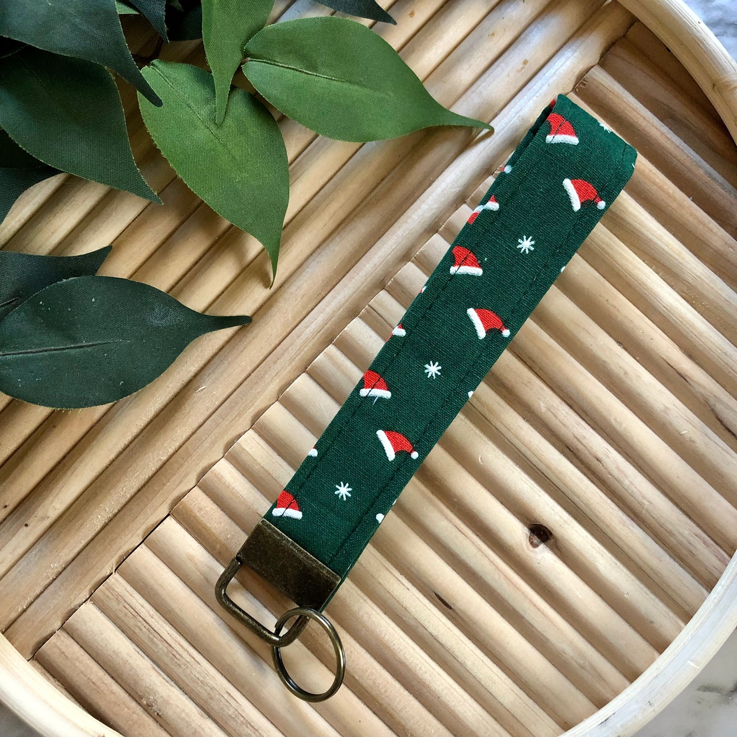 Santa Hat Print Fabric Keychain, Key Fob