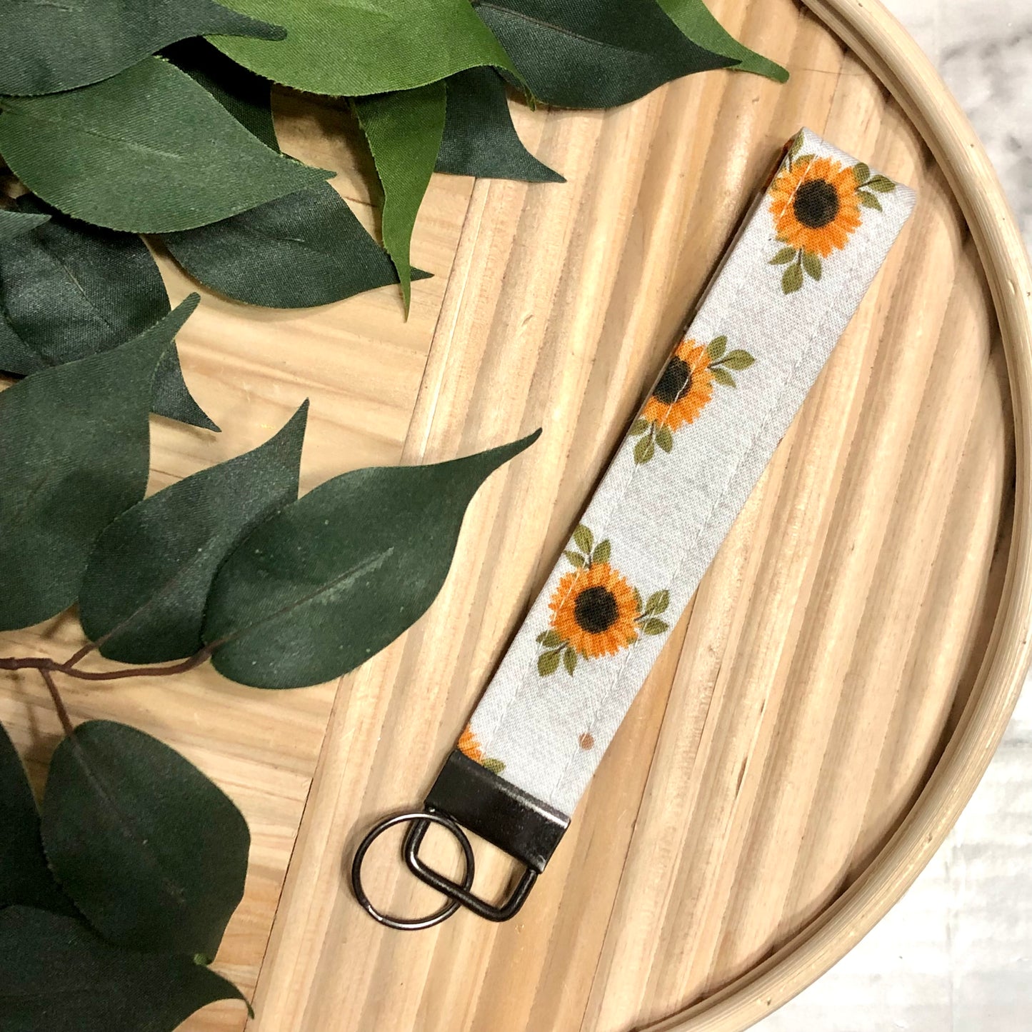 Sunflower Calico Print Fabric Wristlet Keychain, Key Fob
