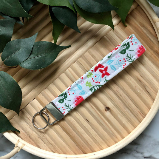 Winter Floral Print Fabric Wristlet Keychain, Key Fob