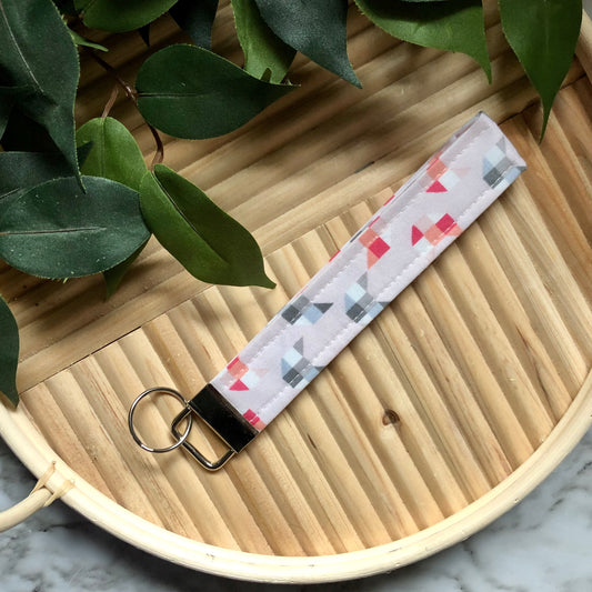 Pink Geometric Cat Print Fabric Wristlet Keychain, Key Fob