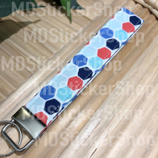 Blue Hexagon Print Fabric Keychain