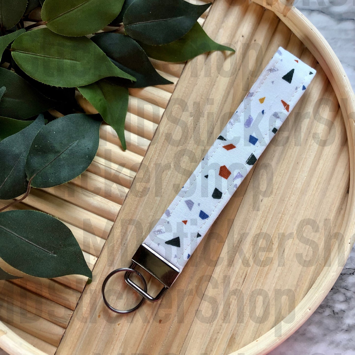 Red and Blue Terrazzo Print Fabric Keychain