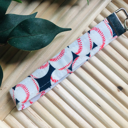 Navy Baseball Print Fabric Wristlet Keychain, Key Fob