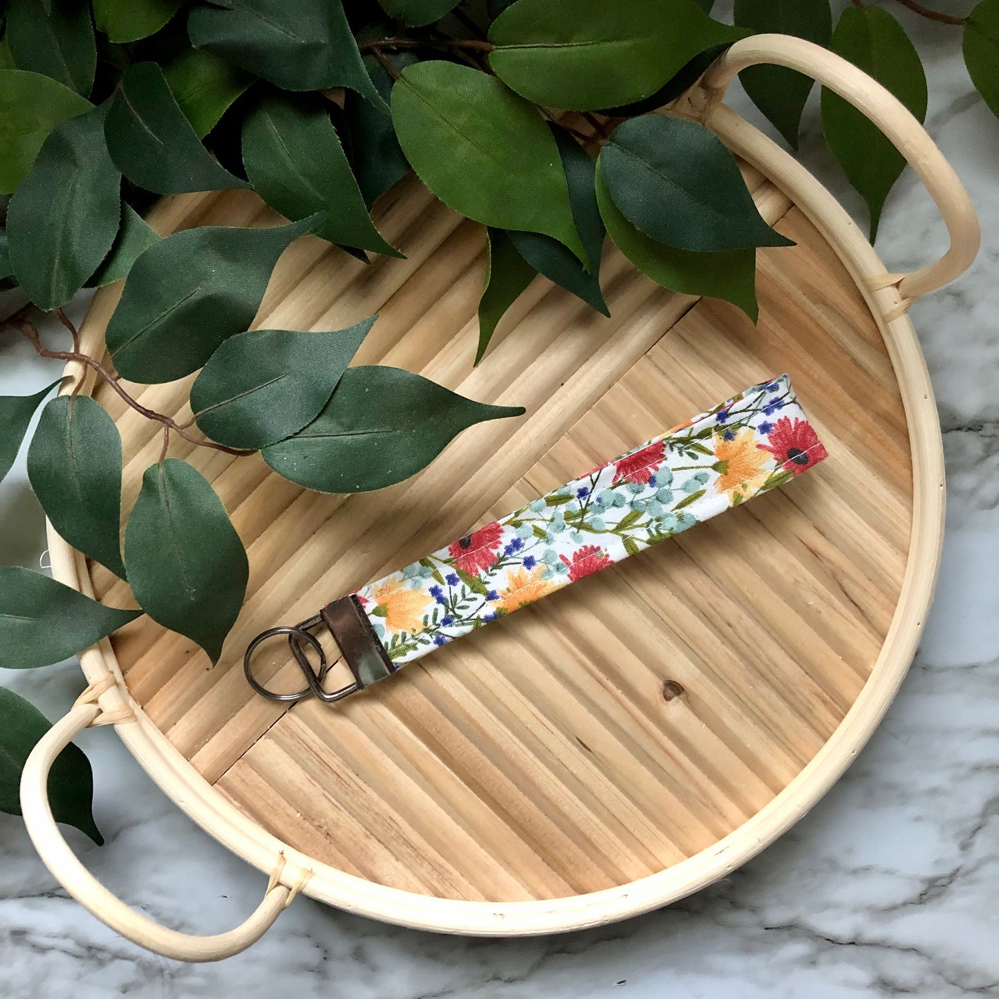 Wildflower Print Fabric Wristlet Keychain, Key Fob