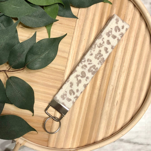 Neutral Cheetah Print Flannel Fabric Wristlet Keychain, Key Fob