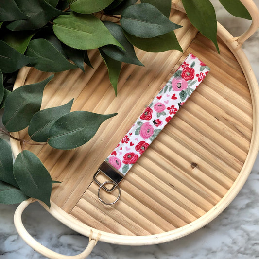 Floral Valentine’s Print Fabric Wristlet Keychain, Key Fob