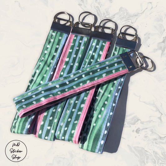 Green, Pink, and Blue Shape Print Fabric Wristlet Keychain, Key Fob