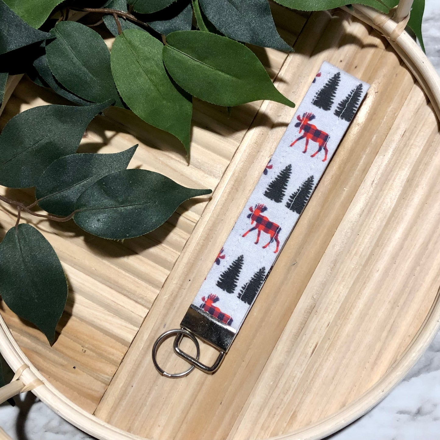 Plaid Moose Print Wristlet Keychain, Key Fob