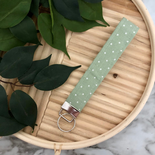 Sage Polka Dot Print Fabric Wristlet Keychain, Key Fob