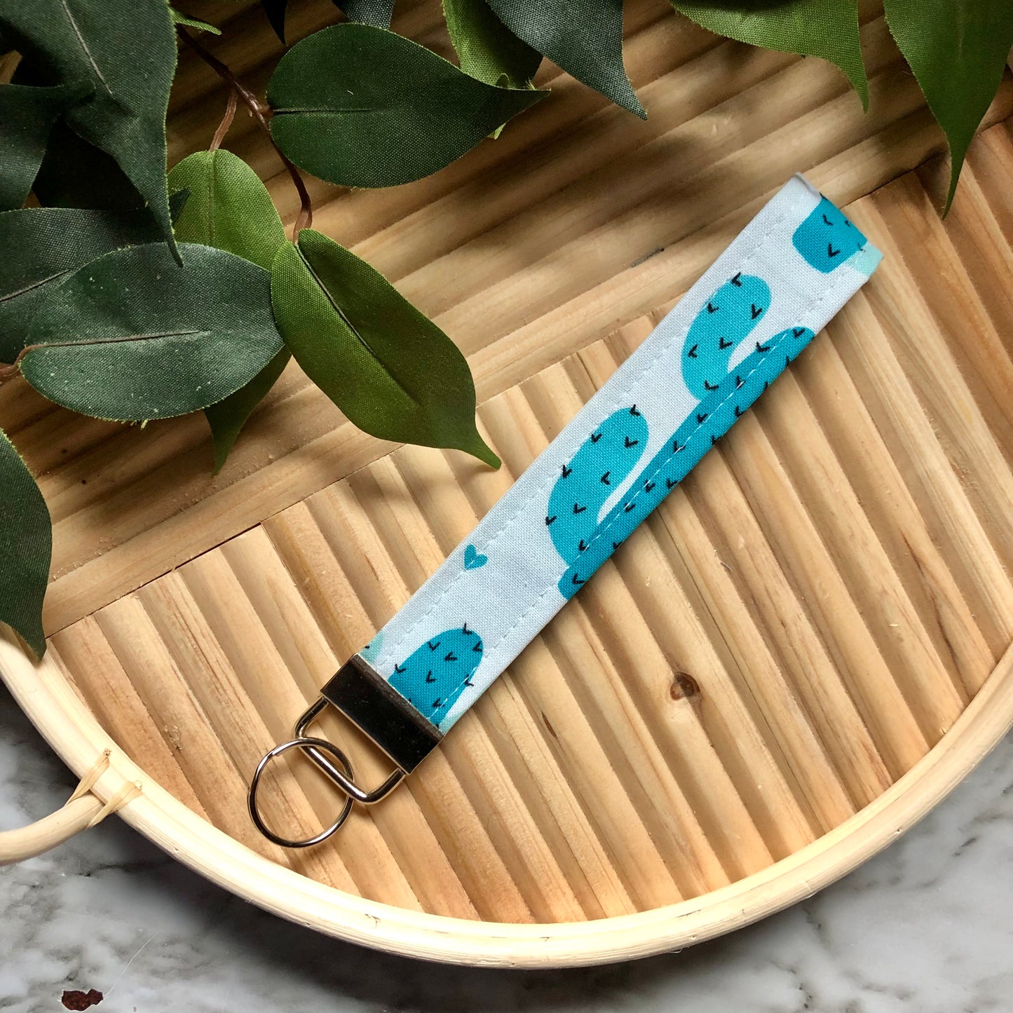 Blue Cactus Print Fabric Wristlet Keychain, Key Fob