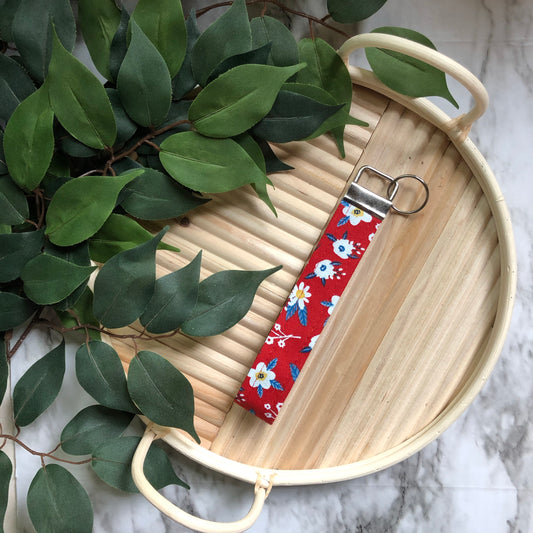 Red Floral Print Wristlet Keychain, Key Fob