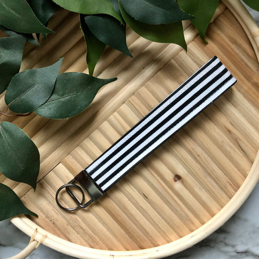 Black and White Stripe Print Fabric Wristlet Keychain, Key Fob