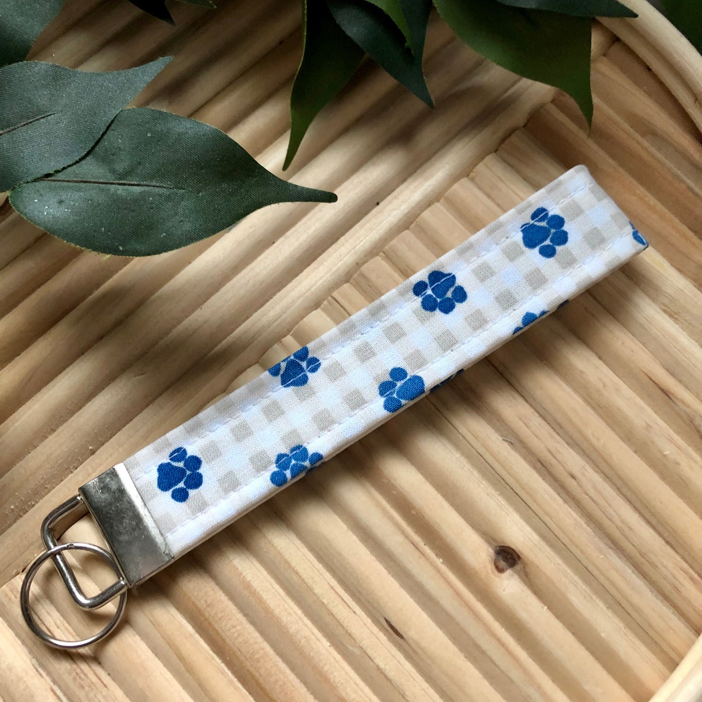Gingham Paw Print Fabric Wristlet Keychain, Key Fob