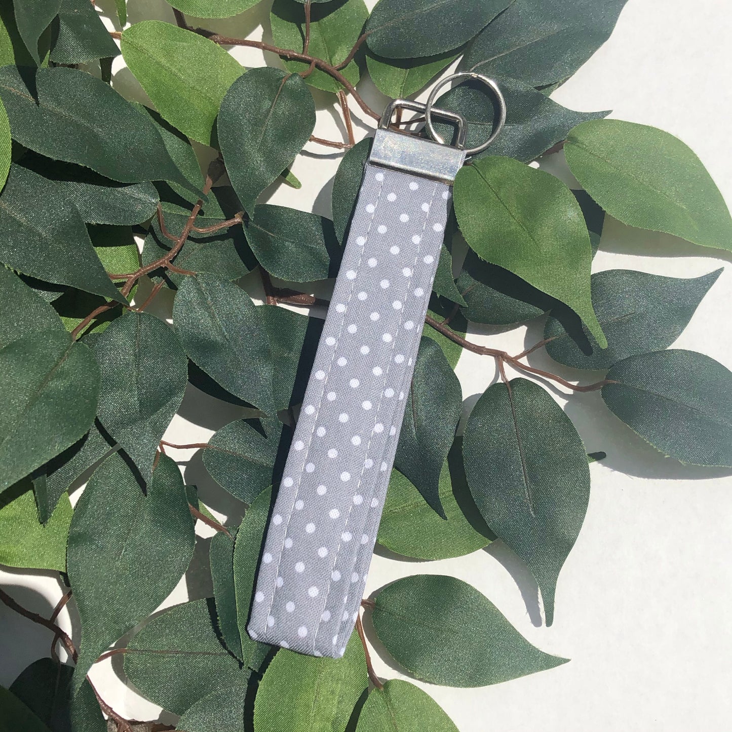 Grey with White Polka Dot Print Fabric Wristlet Keychain, Key Fob