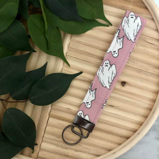 Mauve Ghost Print Fabric Wristlet Keychain, Key Fob