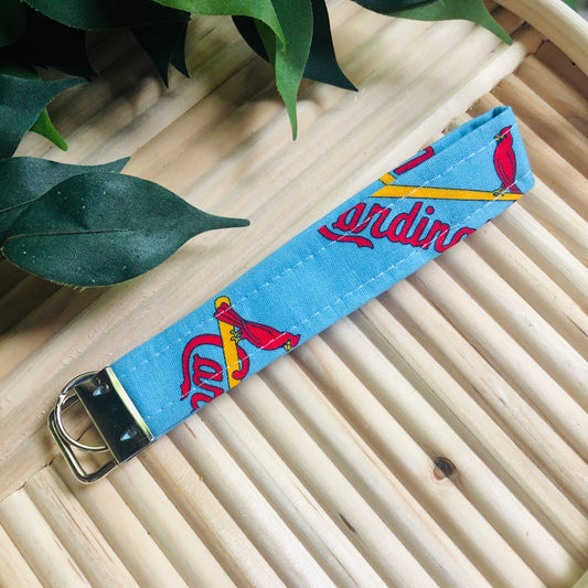 St. Louis Cardinals Light Blue Print Fabric Wristlet Keychain, Key Fob