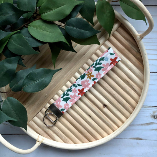 Pink Vintage Floral Print Fabric Wristlet Keychain, Key Fob
