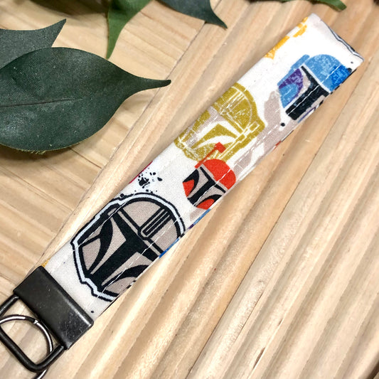 Mandalorian Colorful Helmet Print Fabric Wristlet Keychain, Key Fob