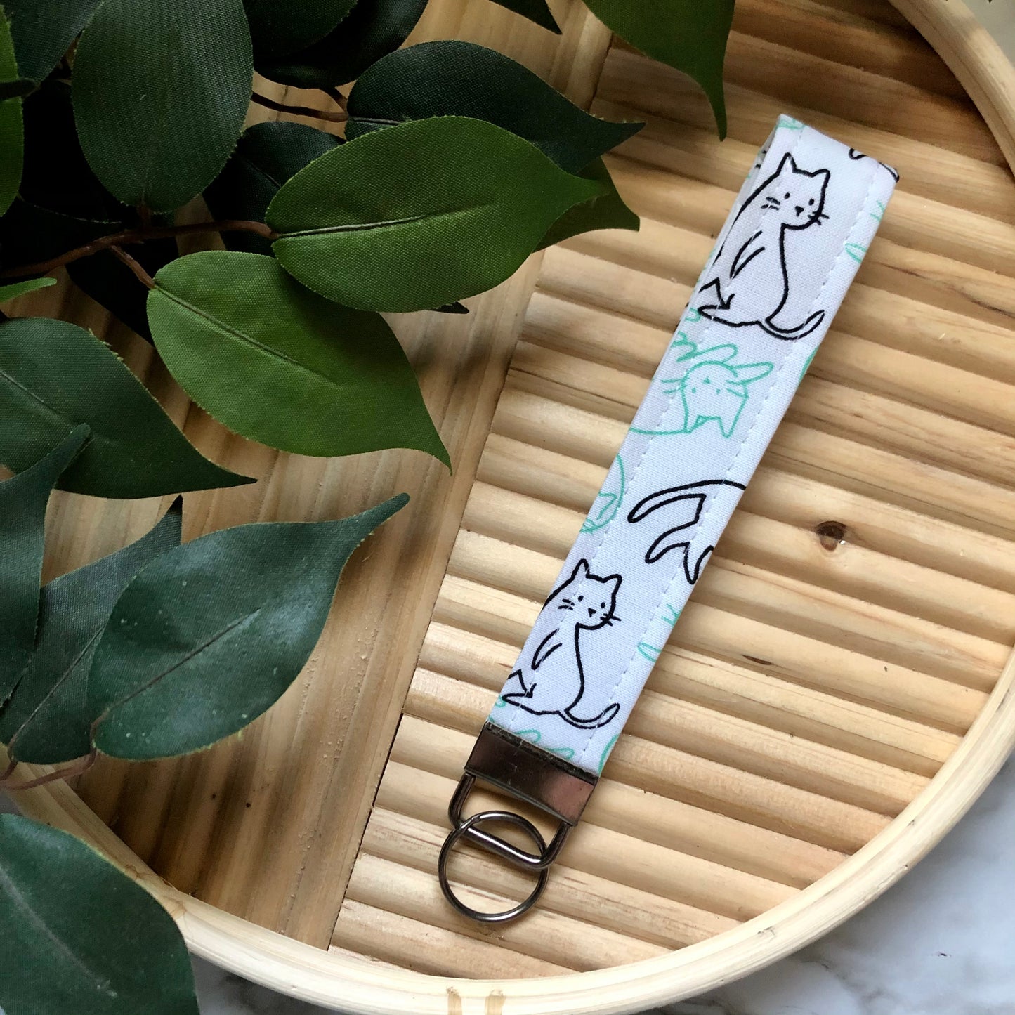 Cats on White Print Fabric Wristlet Keychain, Key Fob