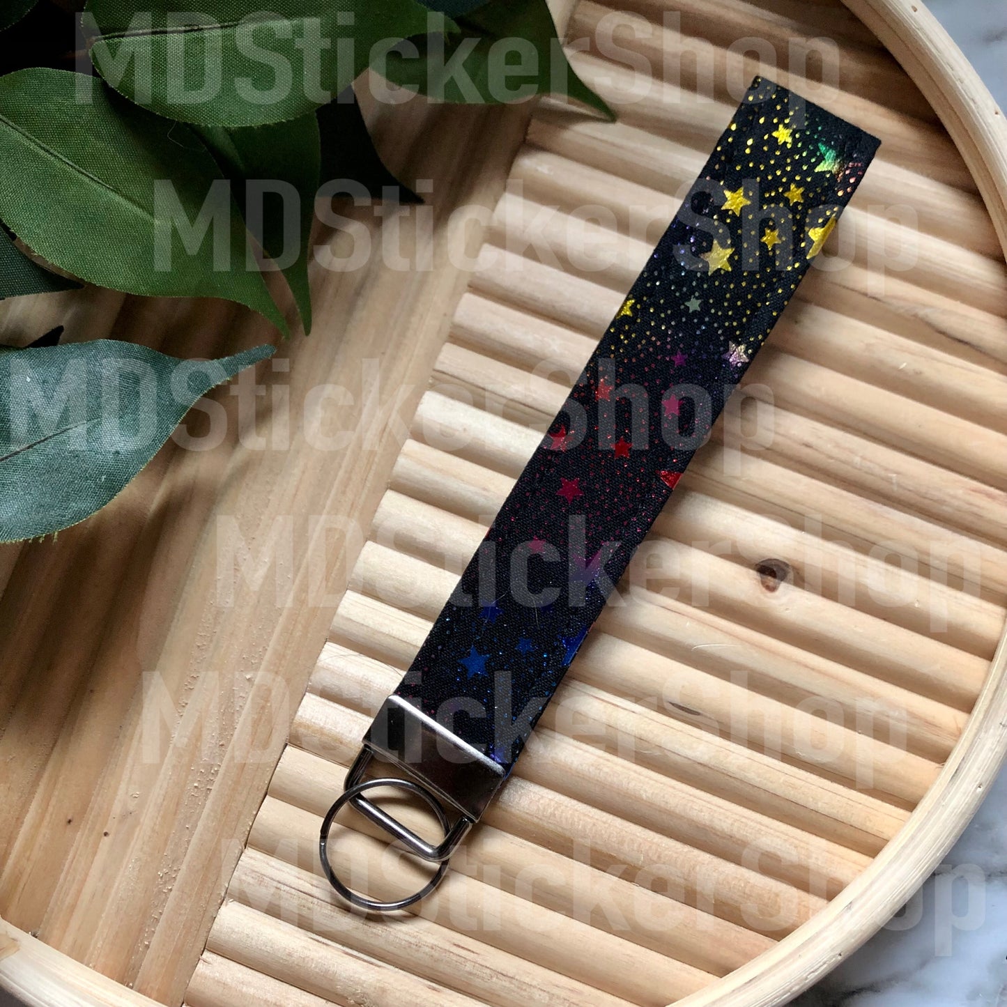 Metallic Rainbow Stars on Black Print Fabric Keychain