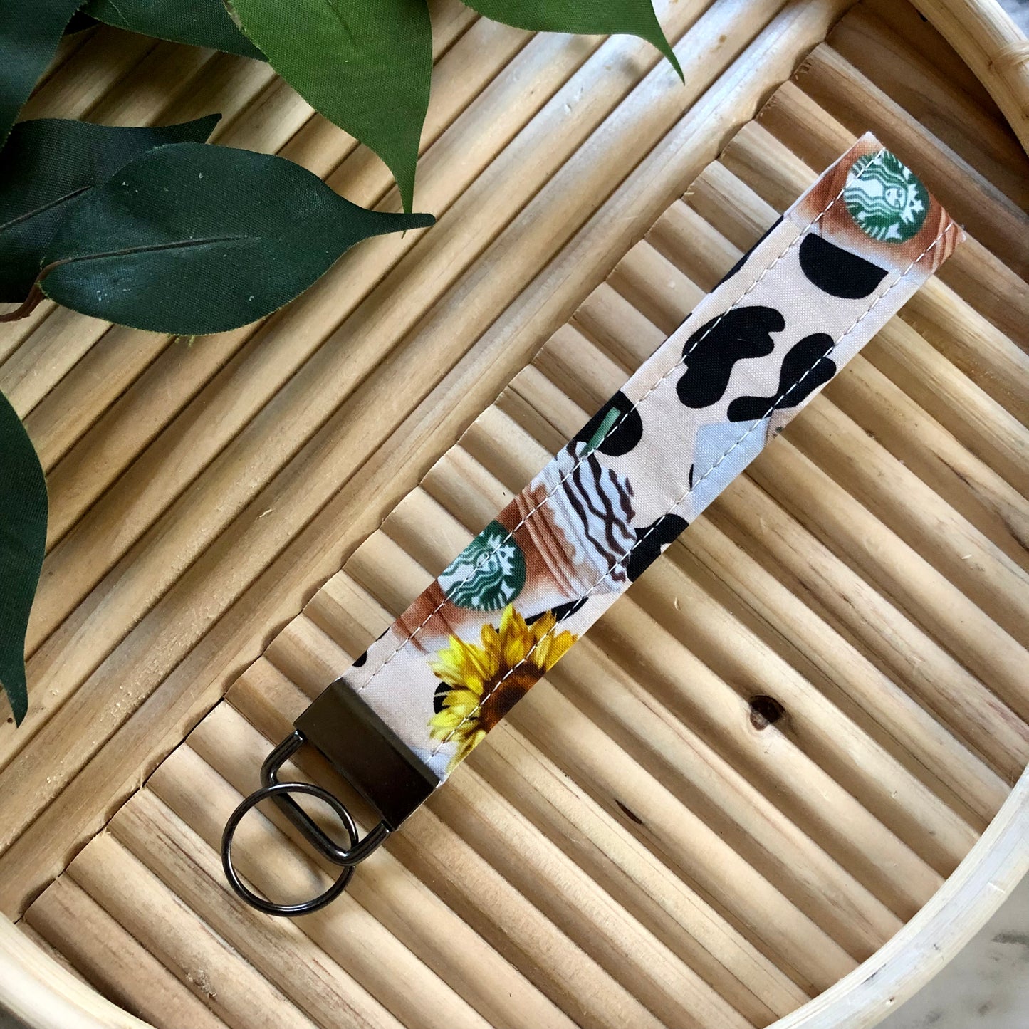 Sunflower Starbies Print Fabric Keychain, Key Fob