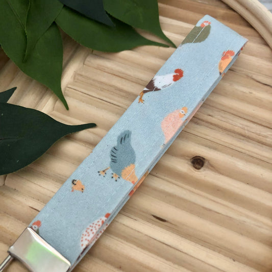 Blue Chicken Print Fabric Wristlet Keychain, Key Fob