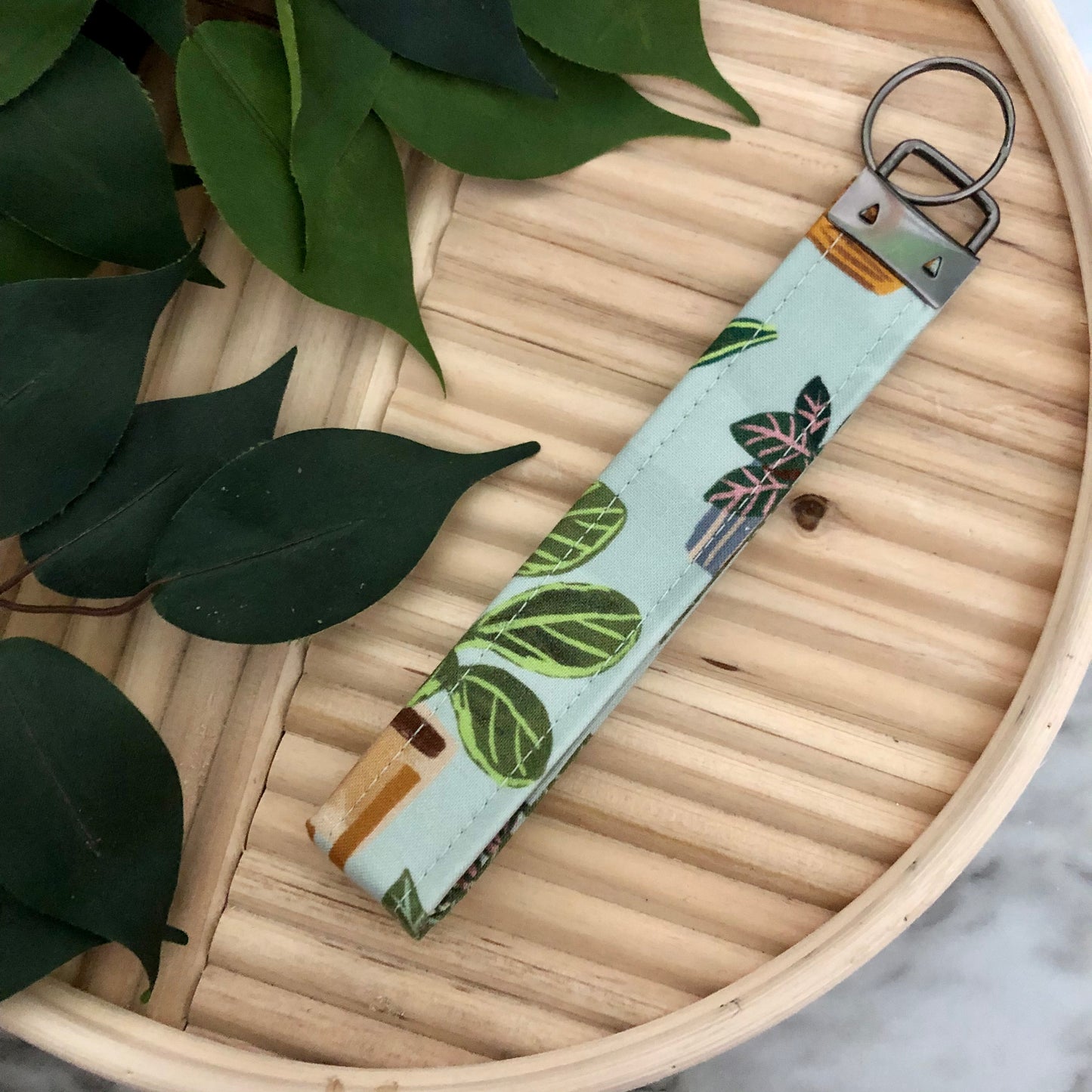 Indoor Plant Print Fabric Wristlet Keychain, Key Fob