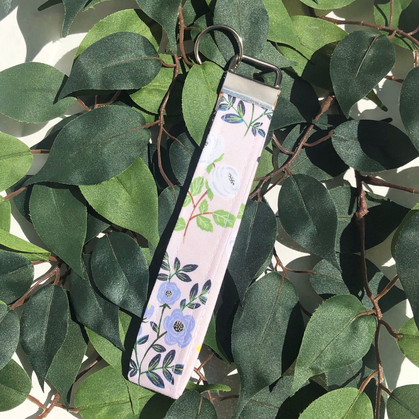 Light Pink Spring Floral Fabric Wristlet Keychain, Key Fob
