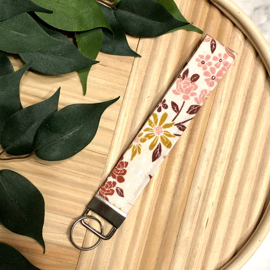 Mauve Party Florals Print Fabric Wristlet Keychain, Key Fob