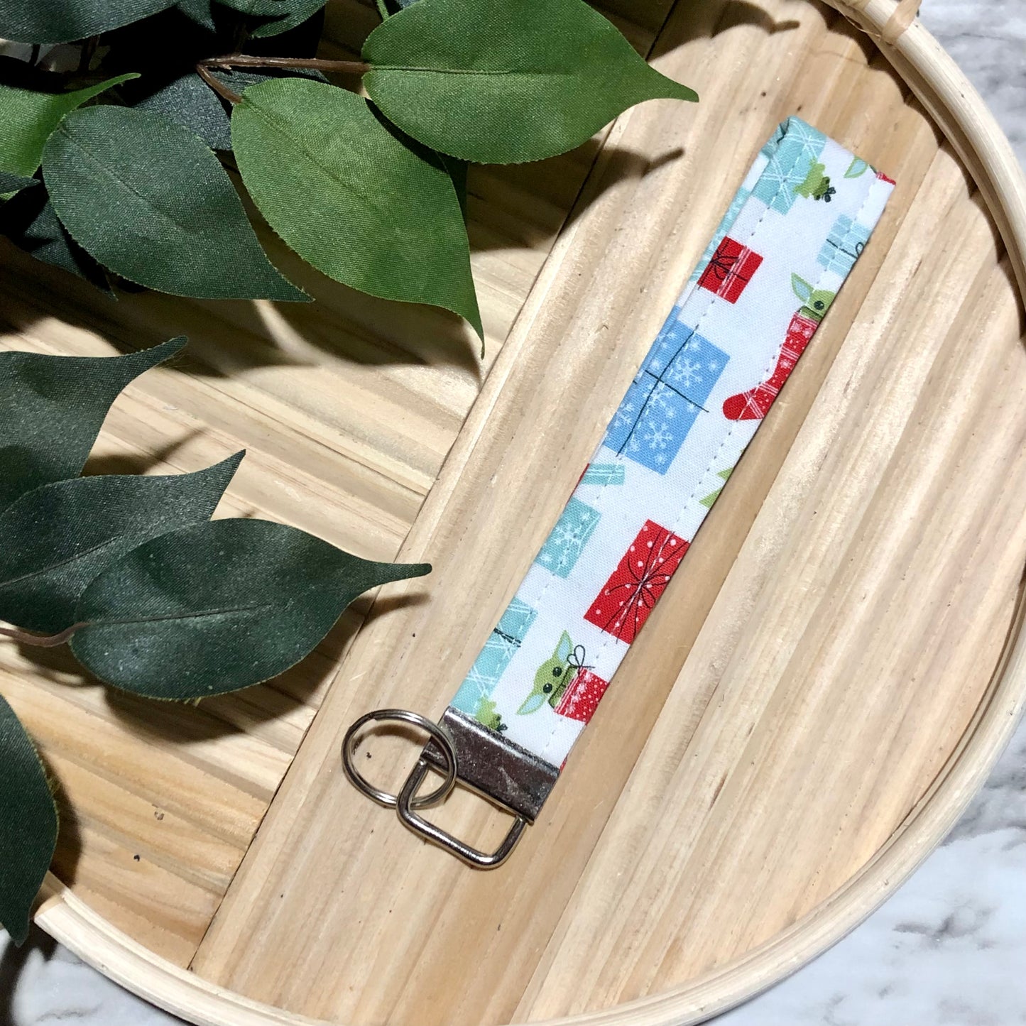 Baby Yoda/Grogu Christmas Print Fabric Wristlet Keychain, Key Fob