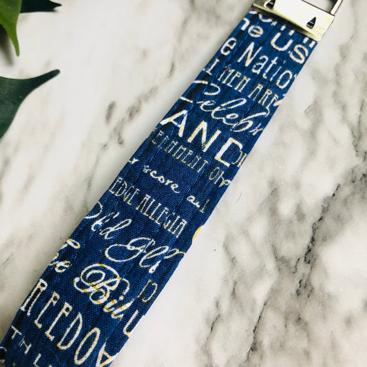 Navy Patriotic Word Print Fabric Wristlet Keychain, Key Fob