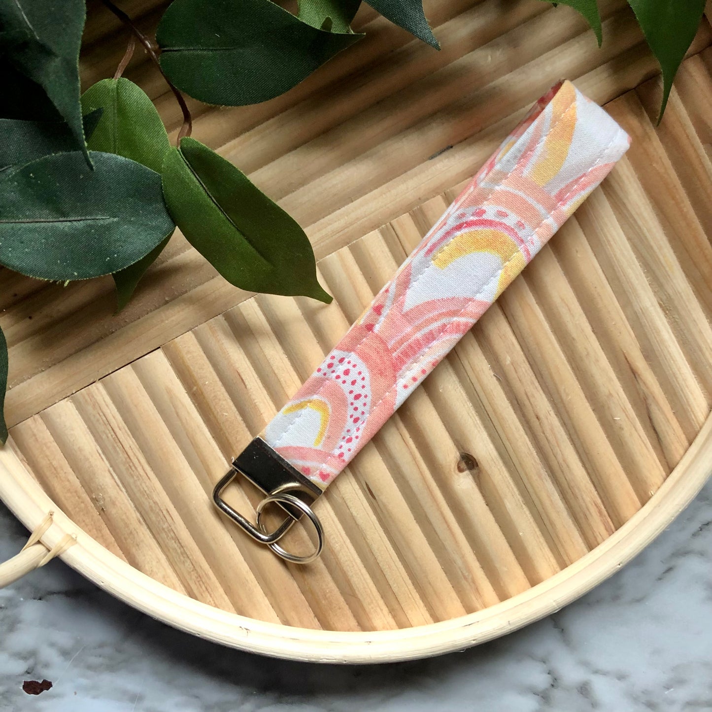 Large Watercolor Rainbow Print on White Fabric Wristlet Keychain, Key Fob