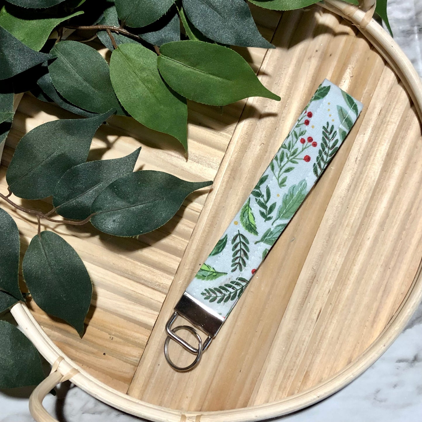Winter Greenery Print Wristlet Keychain, Key Fob
