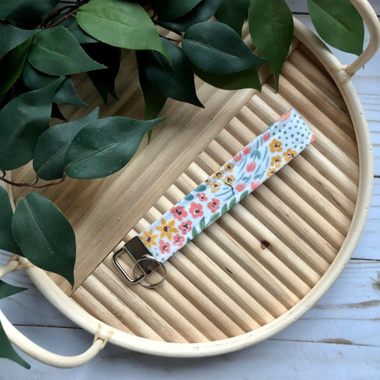 Spring Floral Print Fabric Wristlet Keychain, Key Fob