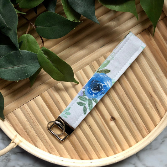 Blue and Yellow Floral Print Fabric Wristlet Keychain, Key Fob