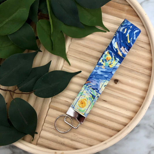 Abstract Blue Print Fabric Wristlet Keychain, Key Fob