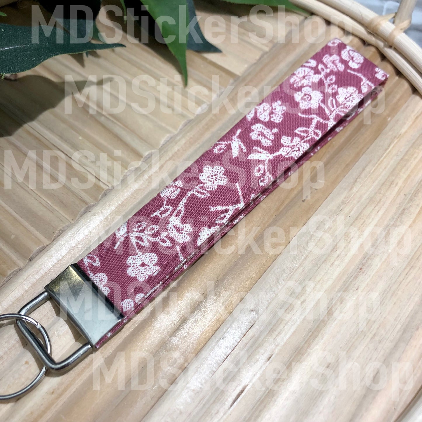 Berry and White Floral Print Fabric Keychain