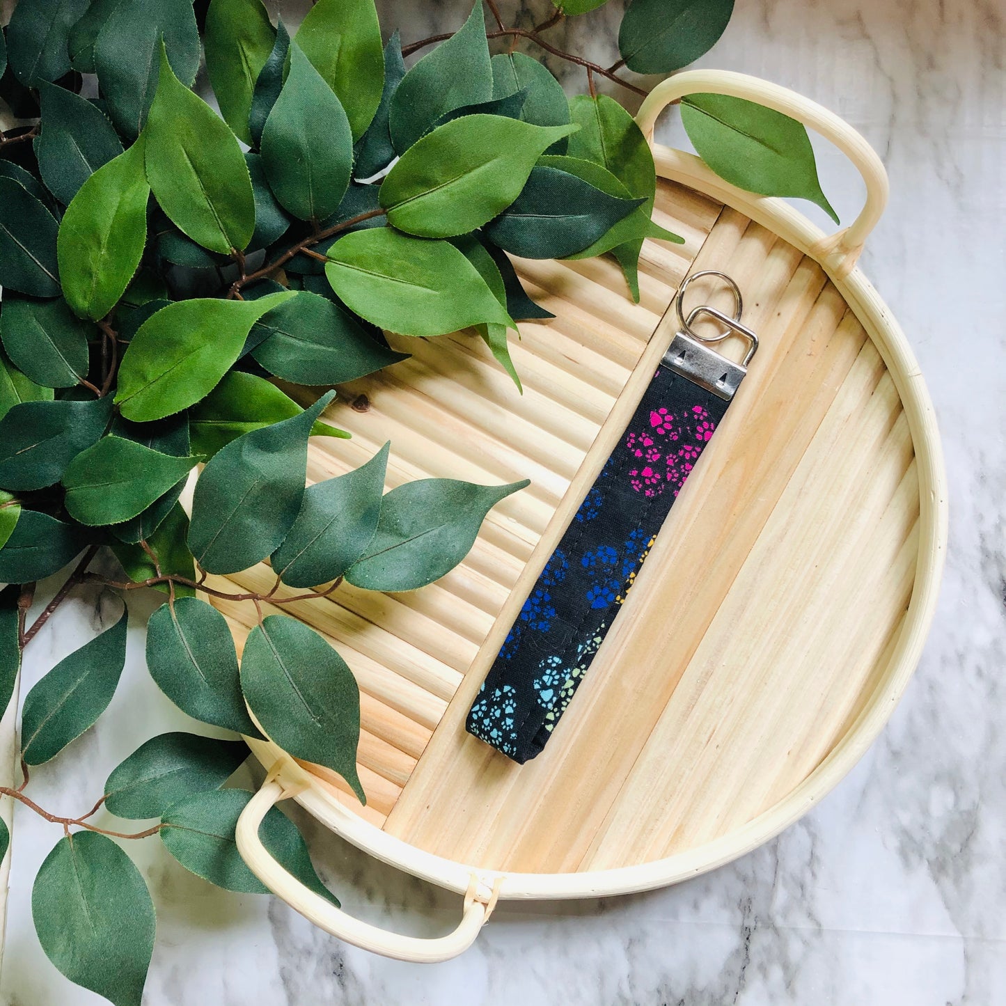 Black Rainbow Paw Print Print Wristlet Keychain, Key Fob