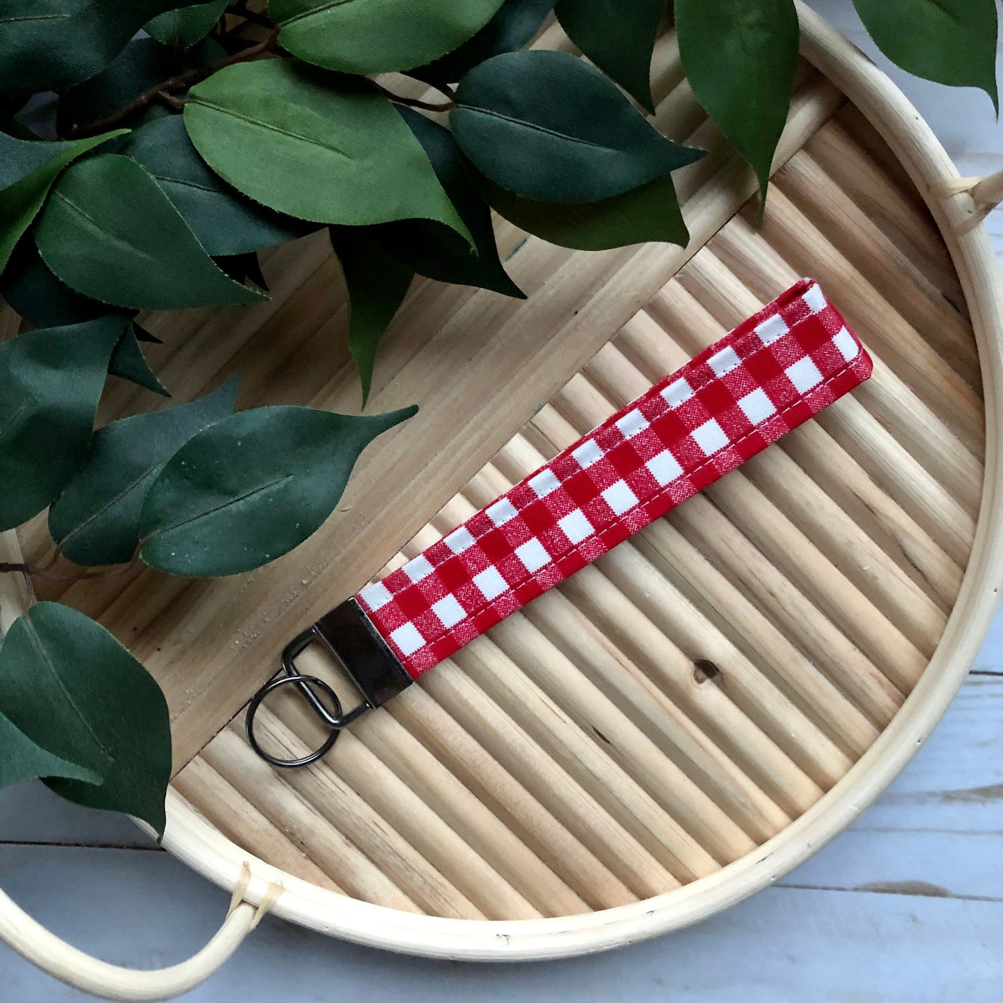 Farmhouse Red Gingham Print Fabric Wristlet Keychain, Key Fob
