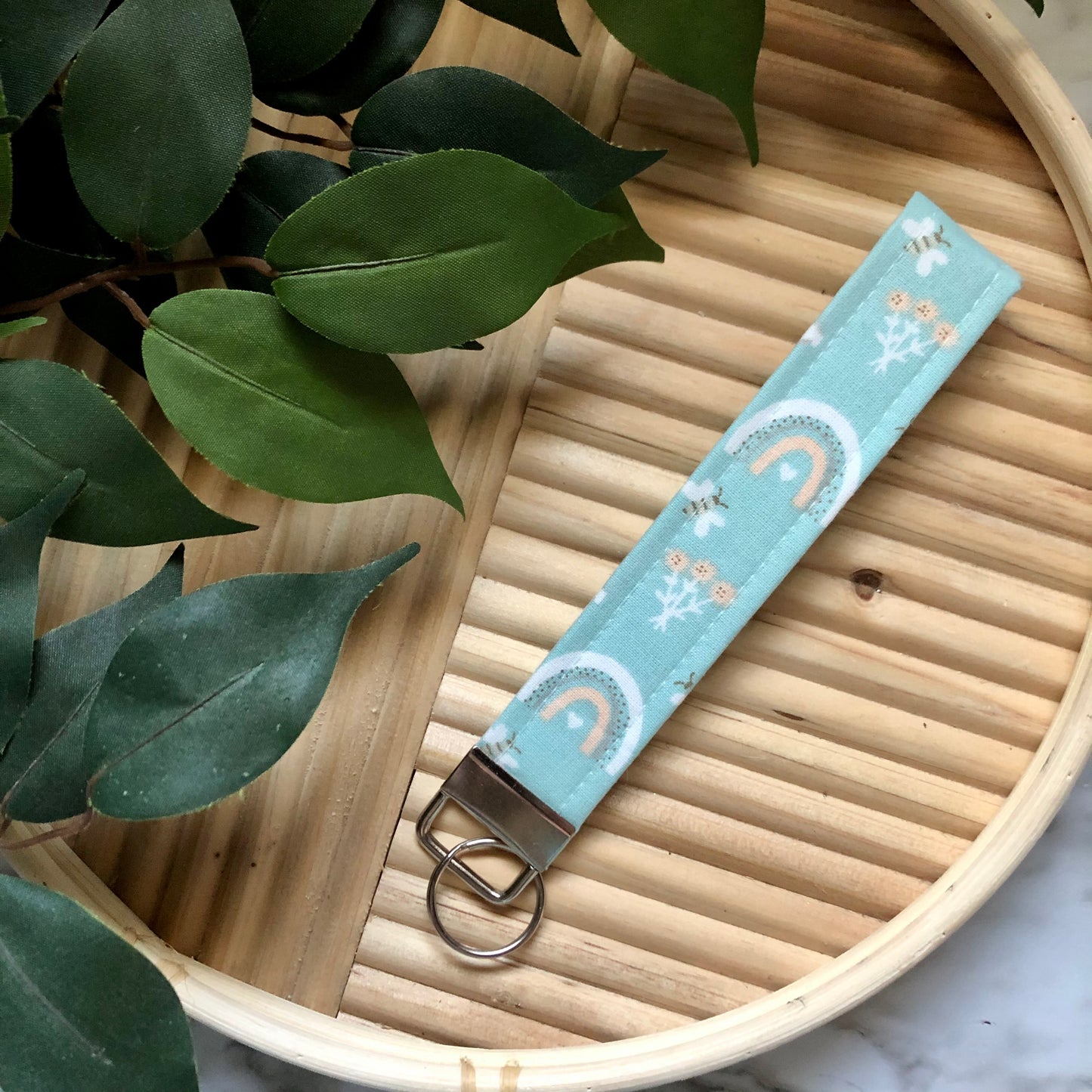 Rainbows & Bees Print Fabric Wristlet Keychain, Key Fob