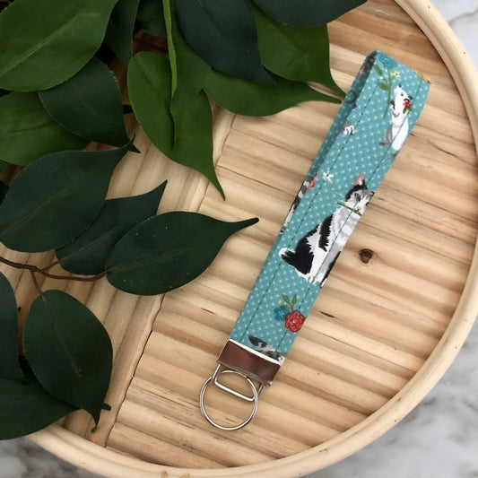Floral Kitties Print Fabric Wristlet Keychain, Key Fob