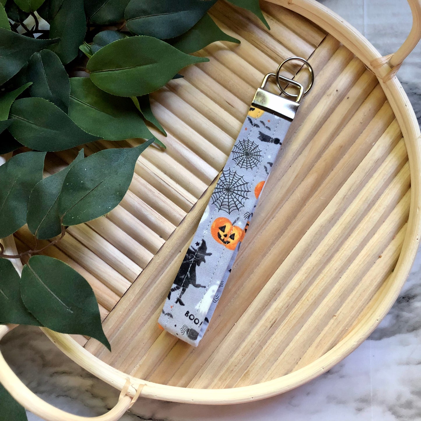 Grey Halloween Print Fabric Wristlet Keychain, Key Fob