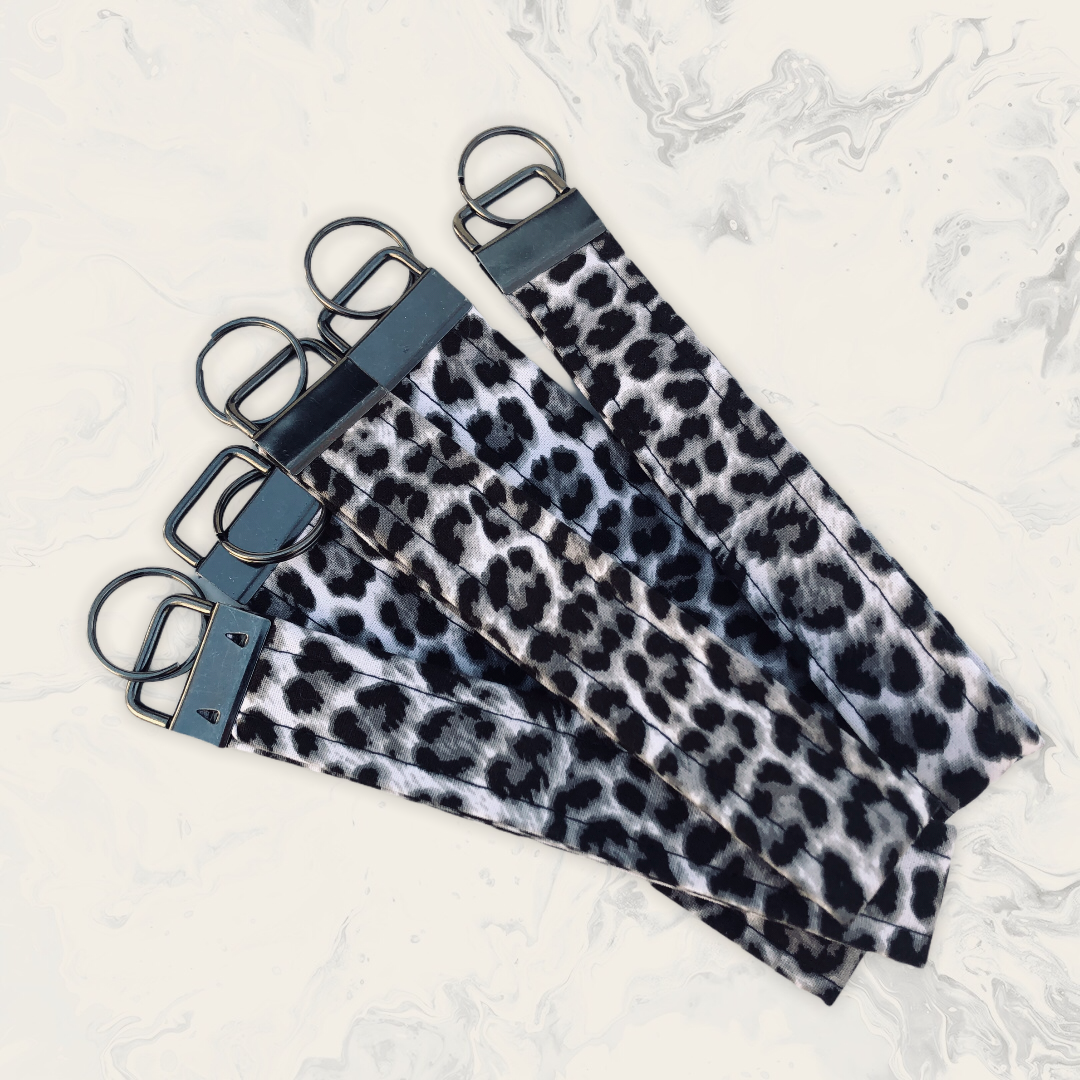 Black and White Cheetah Print Fabric Wristlet Keychain, Key Fob