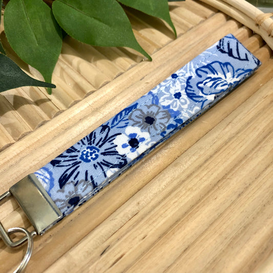 Blue Floral Print Fabric Keychain, Key Fob