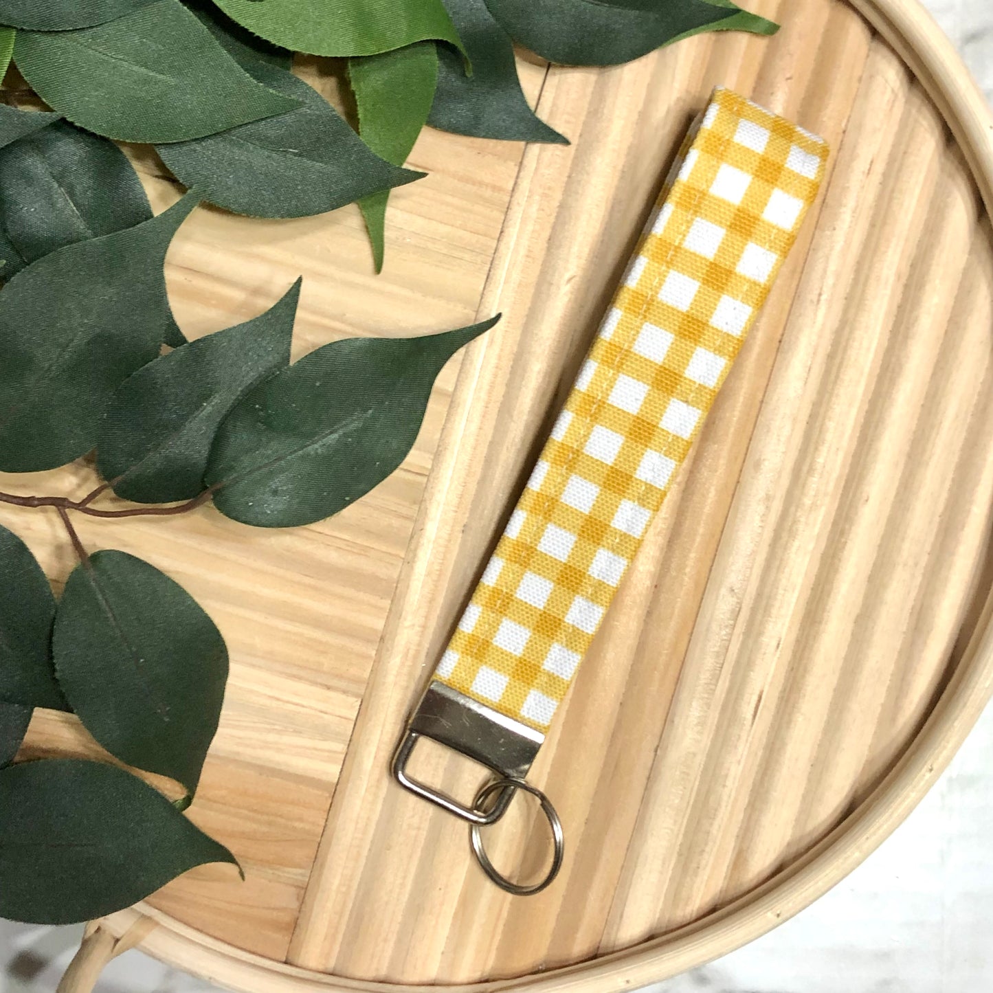 Mustard Gingham Print Fabric Wristlet Keychain, Key Fob