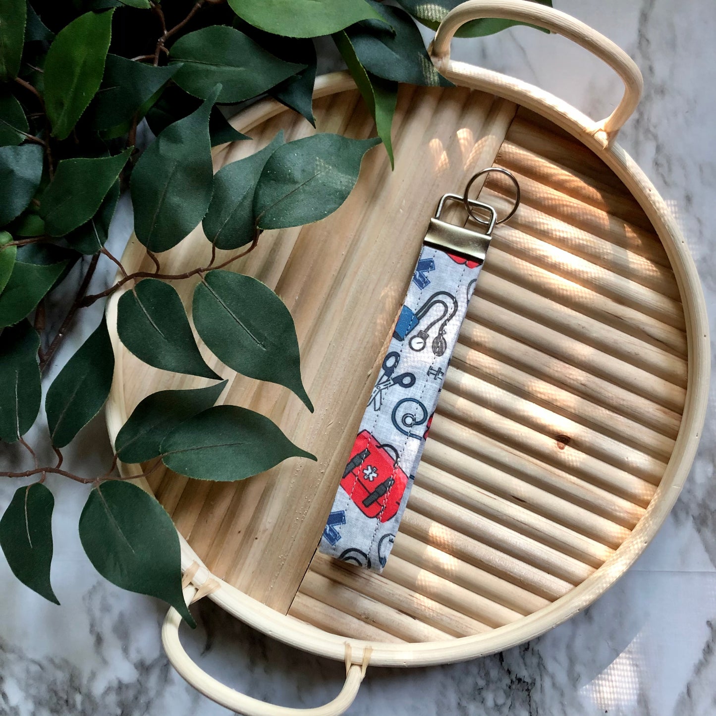 Grey Paramedic/Medical Print Fabric Wristlet Keychain, Key Fob