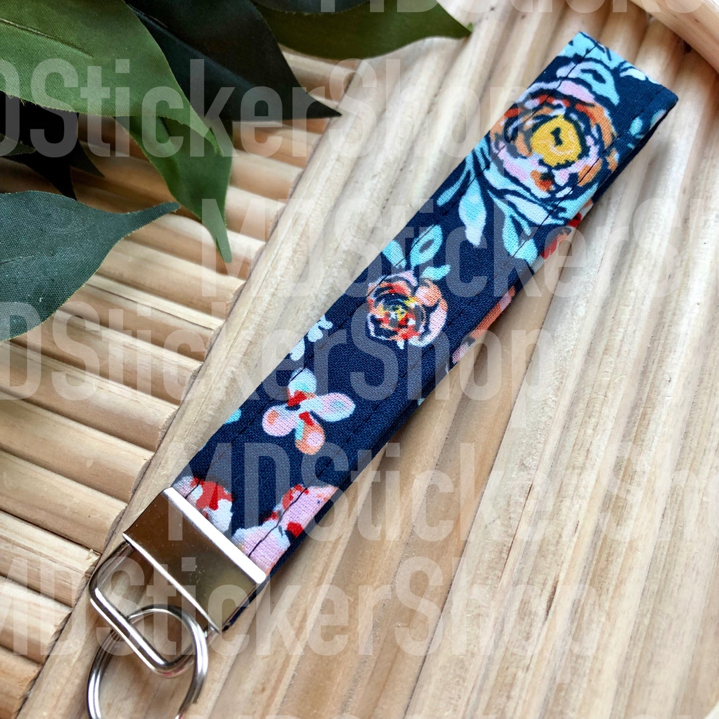 Navy Abstract Floral Print Fabric Keychain